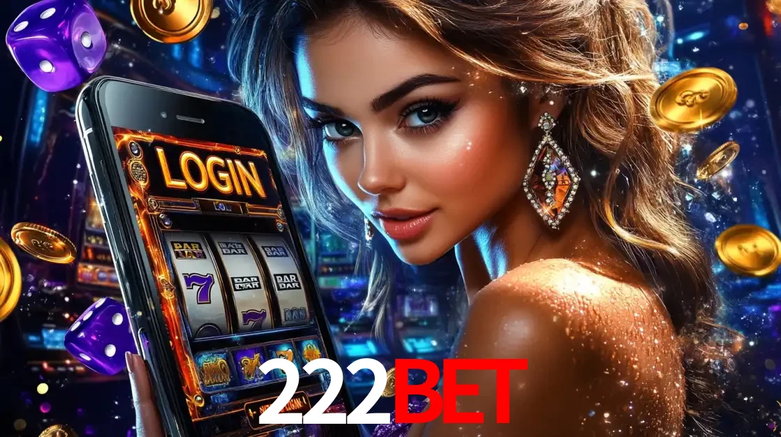 Mulher glamorosa segurando um smartphone com a tela de login para os jogos de caça-níqueis do cassino online 222bet, com moedas de ouro e dados ao redor.